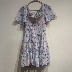 The Impeccable Pig Blue and‎ White Smocked Tiered Ruffle Tie Dress Size Medium